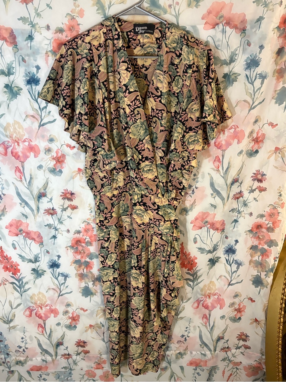 Vintage Floral Wrap Dress in Green and Pink